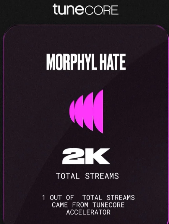 2k Streams on TuneCore tuneCORE Morphyl Hate 2k total streams. 1 out of total streams came from tunecore accelerator